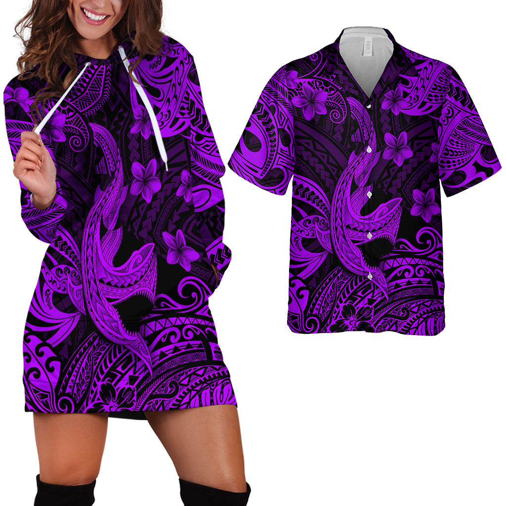 Hawaii Matching Outfits For Couples Polynesian Shark Purple & Black Style - TT01