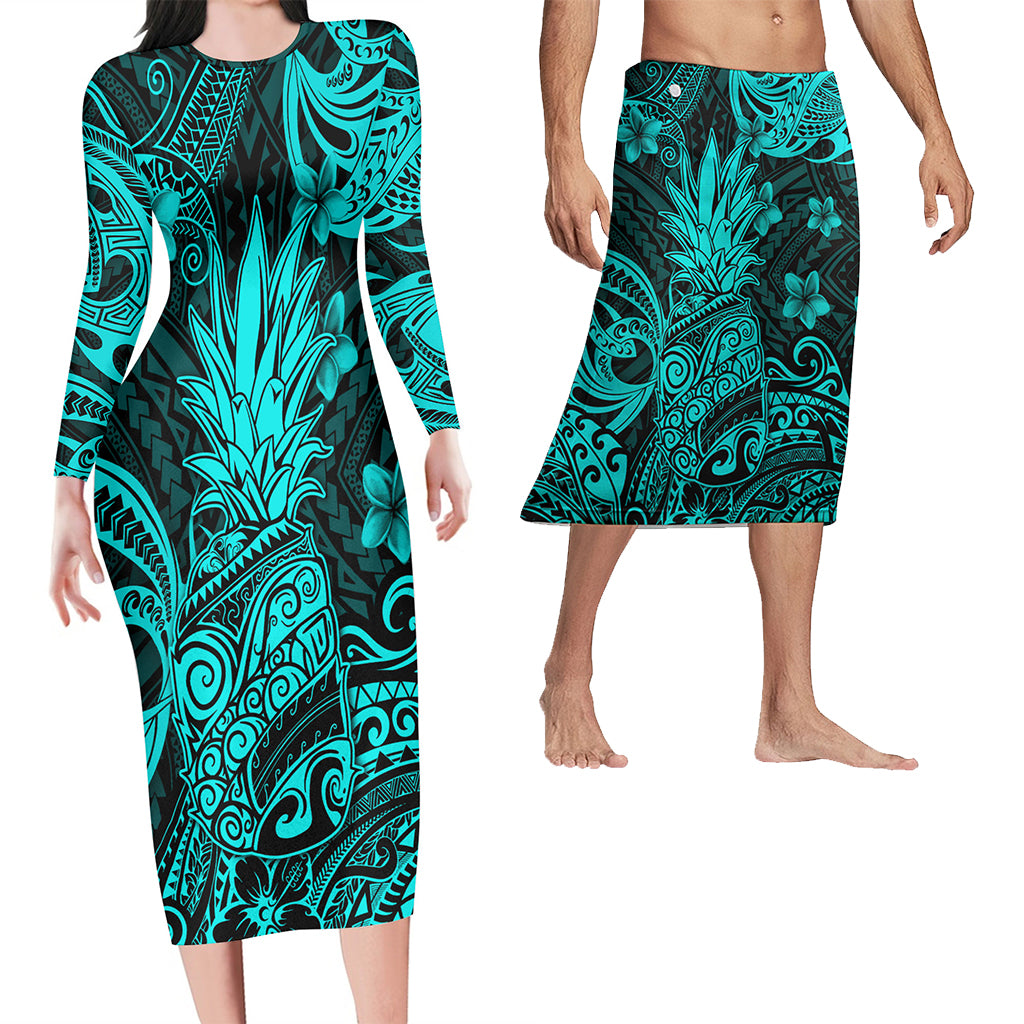 Hawaii Matching Outfits For Couples Polynesian Pineapple Turquoise Style - TT01