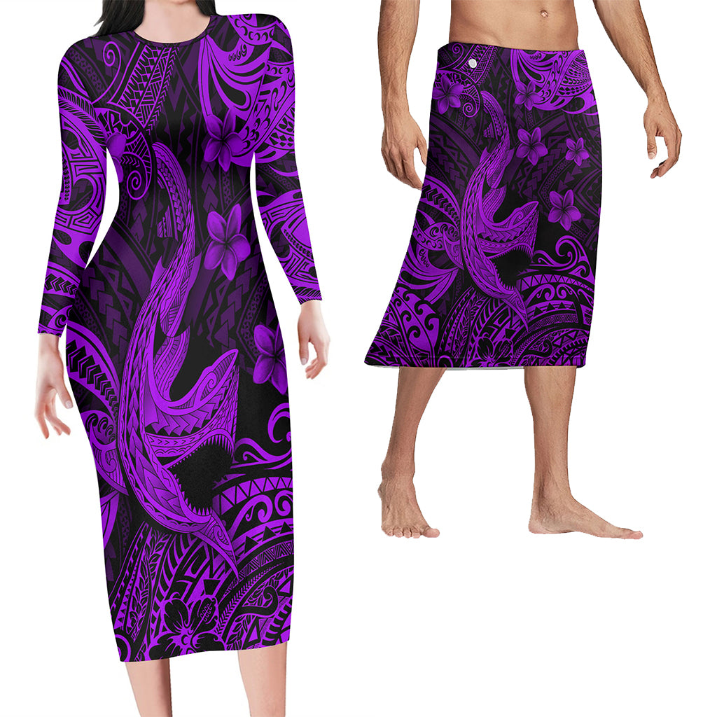 Hawaii Matching Outfits For Couples Polynesian Shark Purple & Black Style - TT01