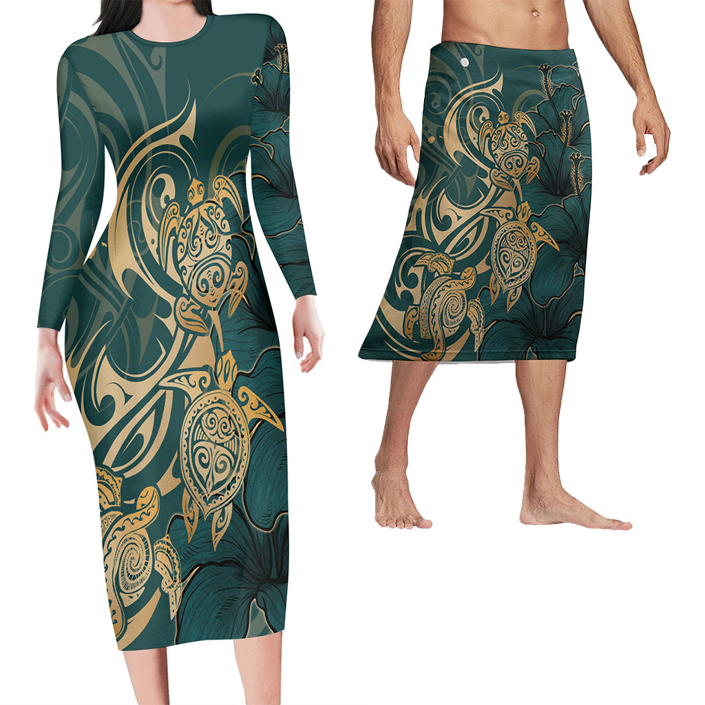 Hawaii Matching Outfits For Couples Polynesian Turtle Hibiscus Flower Style - TT01