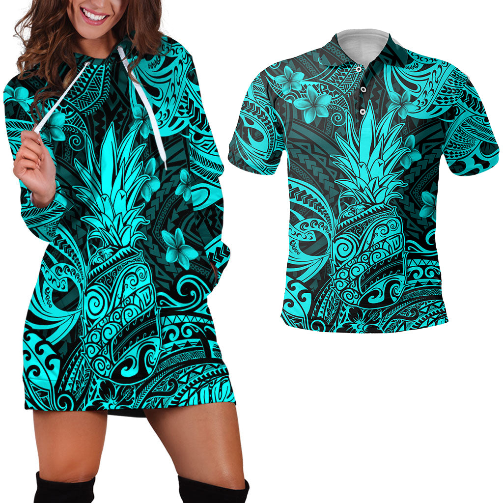 Hawaii Matching Outfits For Couples Polynesian Pineapple Turquoise Style - TT01