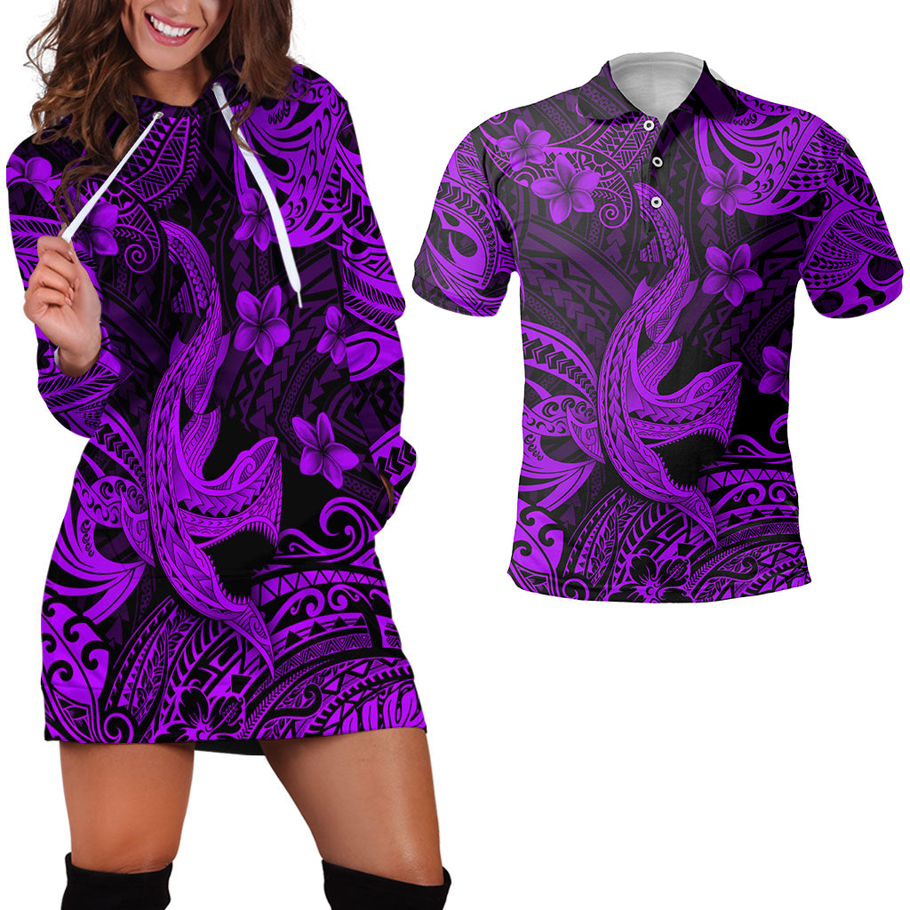 Hawaii Matching Outfits For Couples Polynesian Shark Purple & Black Style - TT01