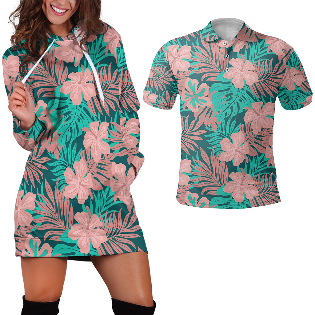 Hawaii Matching Outfits For Couples Polynesian Hibiscus Flower & Monstera Style - TT01