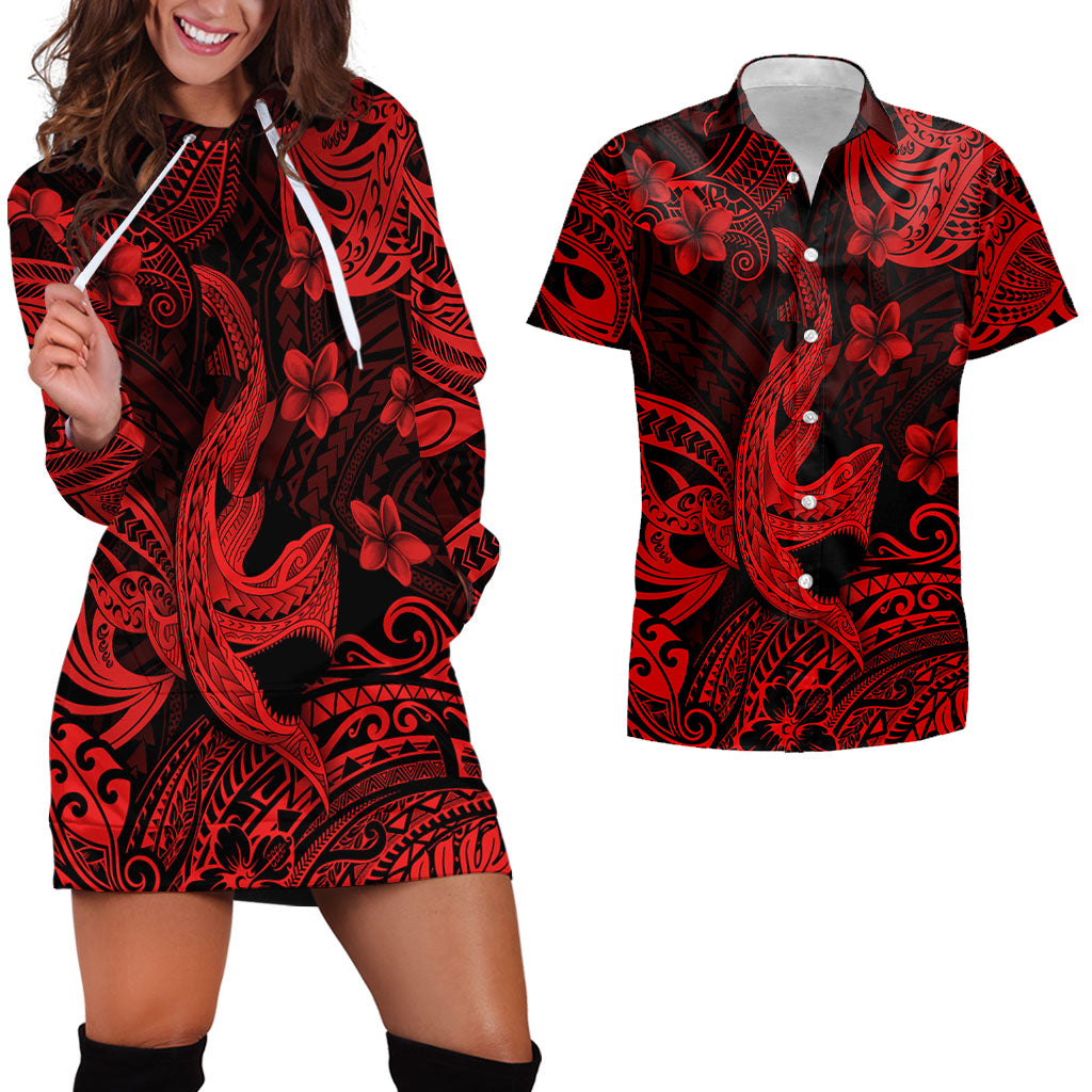 Hawaii Matching Outfits For Couples Polynesian Shark Red & Black Style - TT01