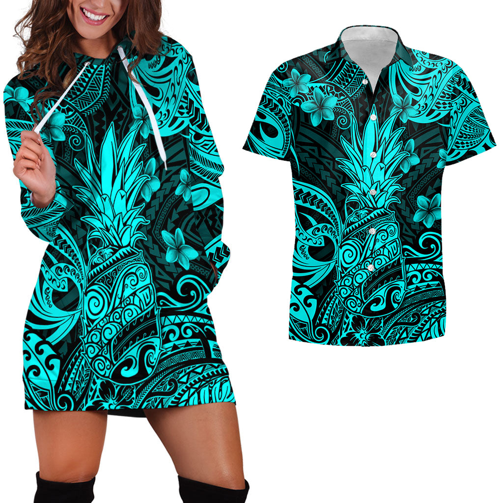 Hawaii Matching Outfits For Couples Polynesian Pineapple Turquoise Style - TT01