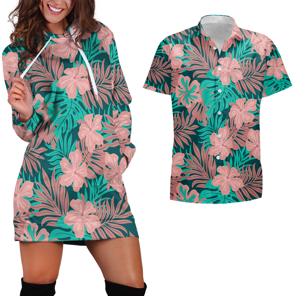 Hawaii Matching Outfits For Couples Polynesian Hibiscus Flower & Monstera Style - TT01