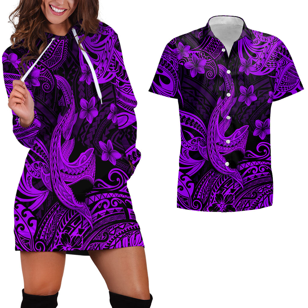 Hawaii Matching Outfits For Couples Polynesian Shark Purple & Black Style - TT01