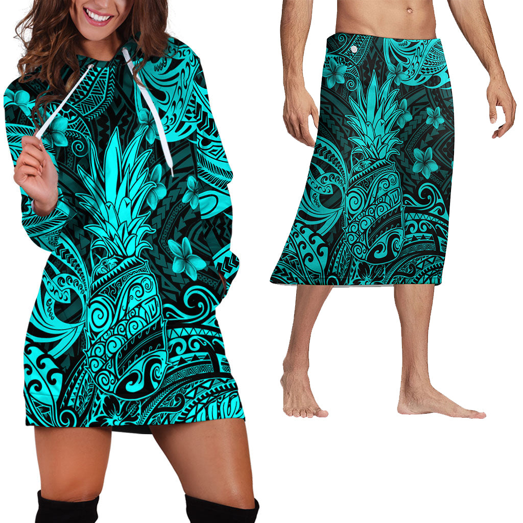 Hawaii Matching Outfits For Couples Polynesian Pineapple Turquoise Style - TT01