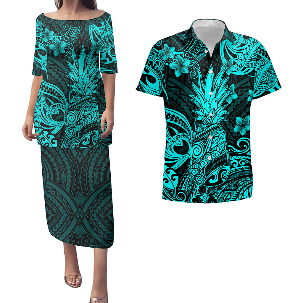 Hawaii Matching Outfits For Couples Polynesian Pineapple Turquoise Style - TT01