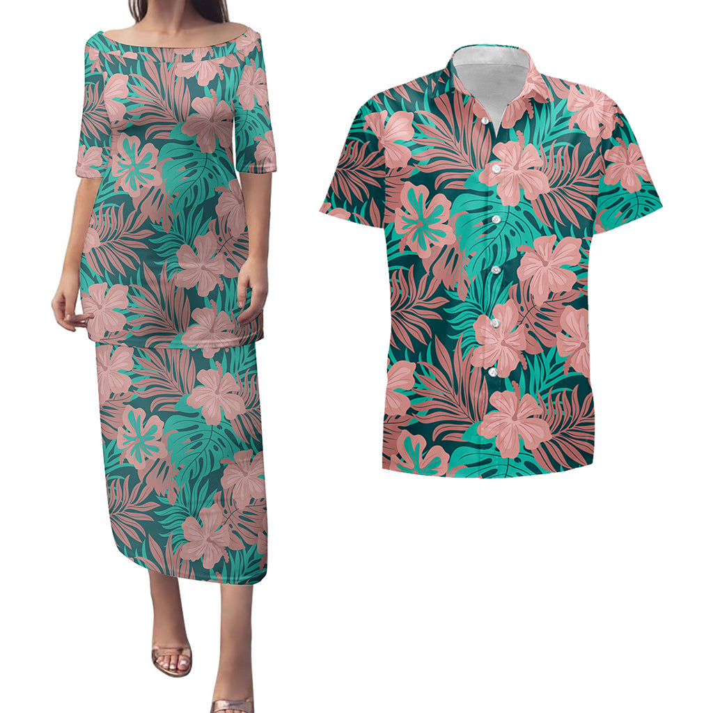 Hawaii Matching Outfits For Couples Polynesian Hibiscus Flower & Monstera Style - TT01