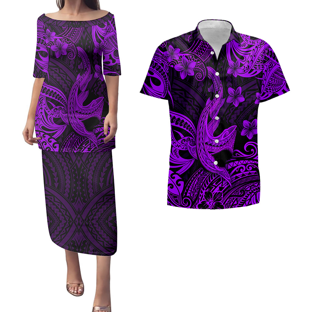 Hawaii Matching Outfits For Couples Polynesian Shark Purple & Black Style - TT01