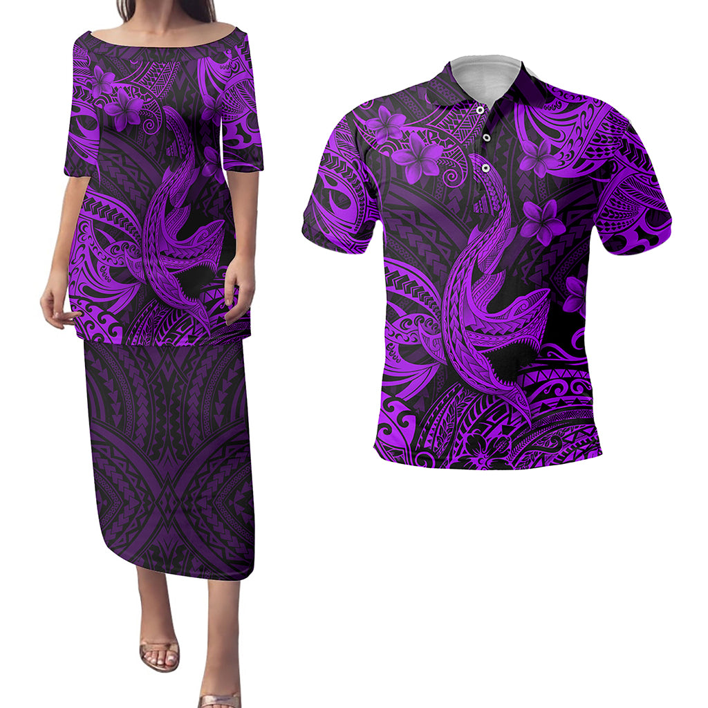 Hawaii Matching Outfits For Couples Polynesian Shark Purple & Black Style - TT01