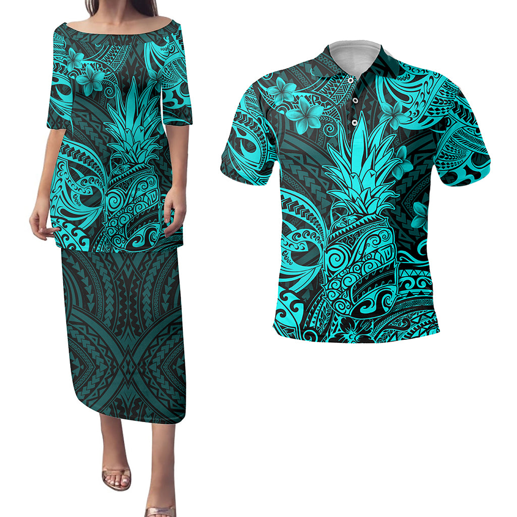 Hawaii Matching Outfits For Couples Polynesian Pineapple Turquoise Style - TT01