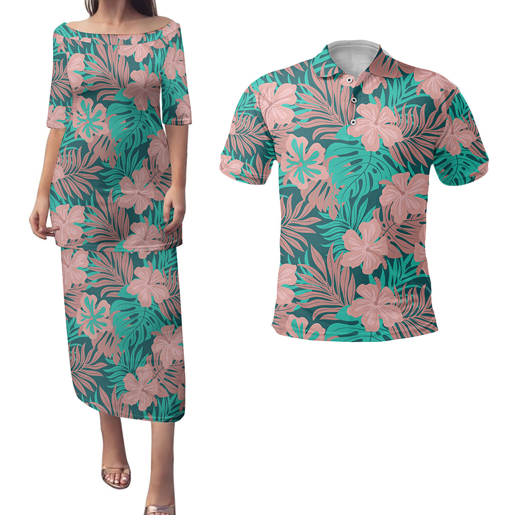 Hawaii Matching Outfits For Couples Polynesian Hibiscus Flower & Monstera Style - TT01