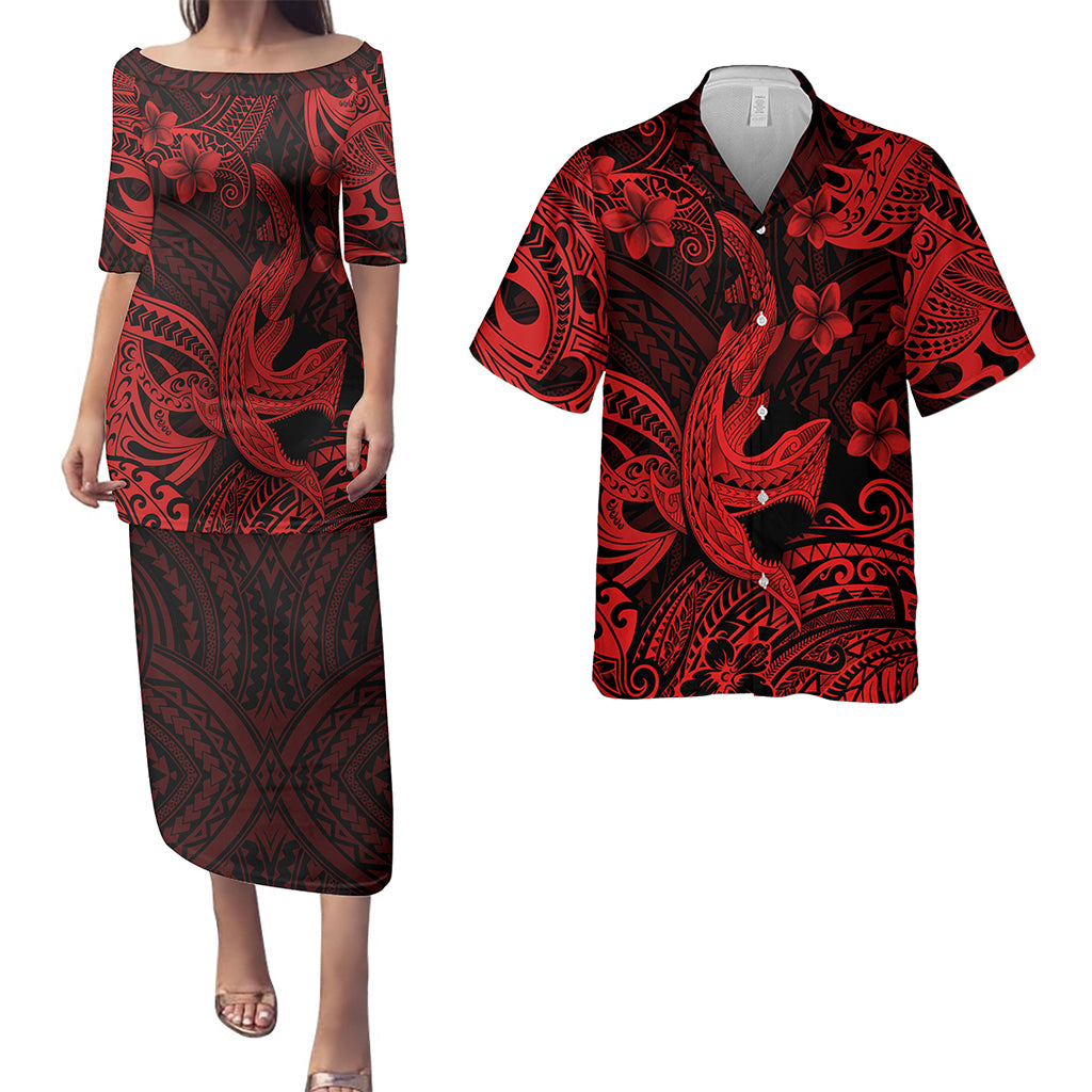 Hawaii Matching Outfits For Couples Polynesian Shark Red & Black Style - TT01