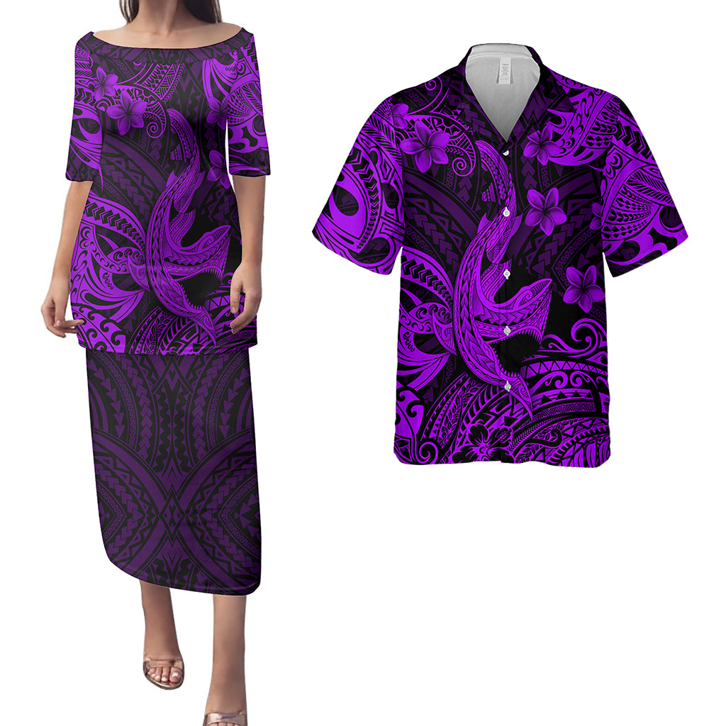 Hawaii Matching Outfits For Couples Polynesian Shark Purple & Black Style - TT01