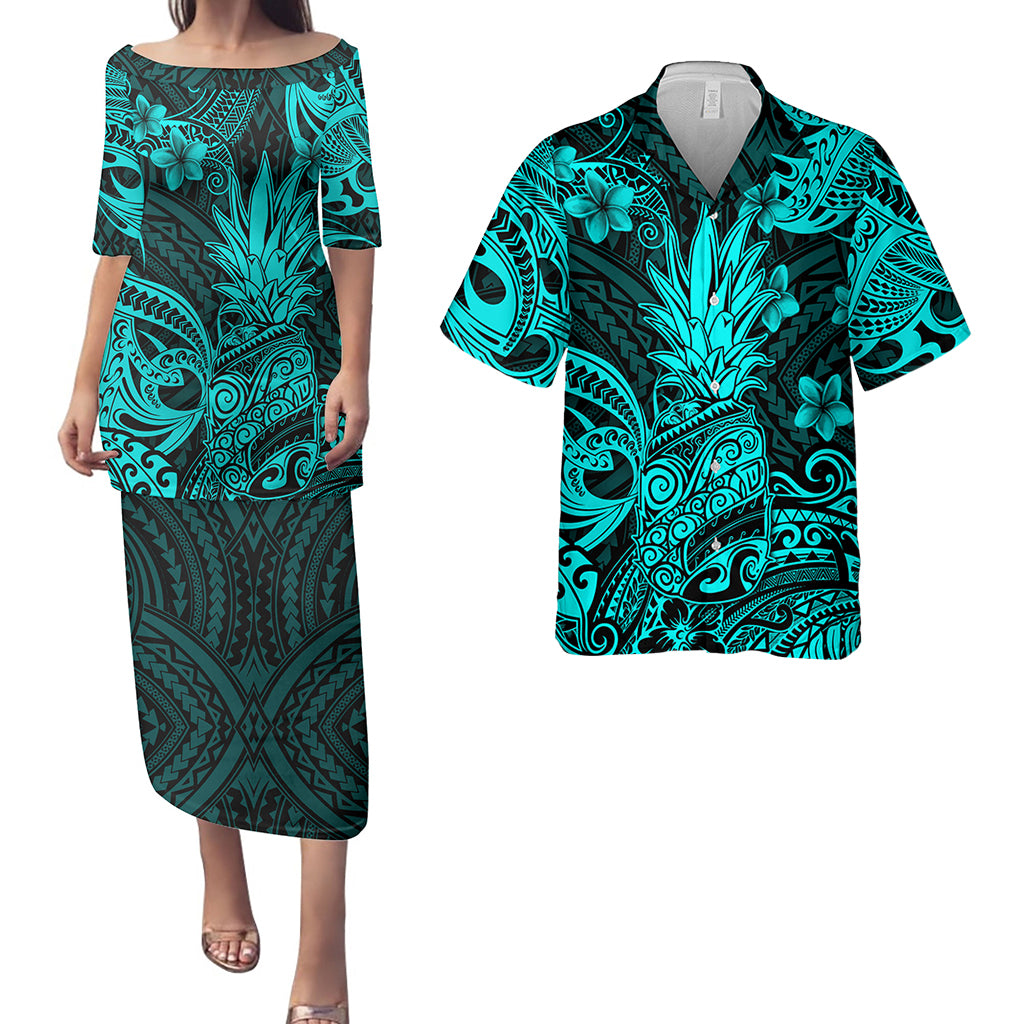 Hawaii Matching Outfits For Couples Polynesian Pineapple Turquoise Style - TT01