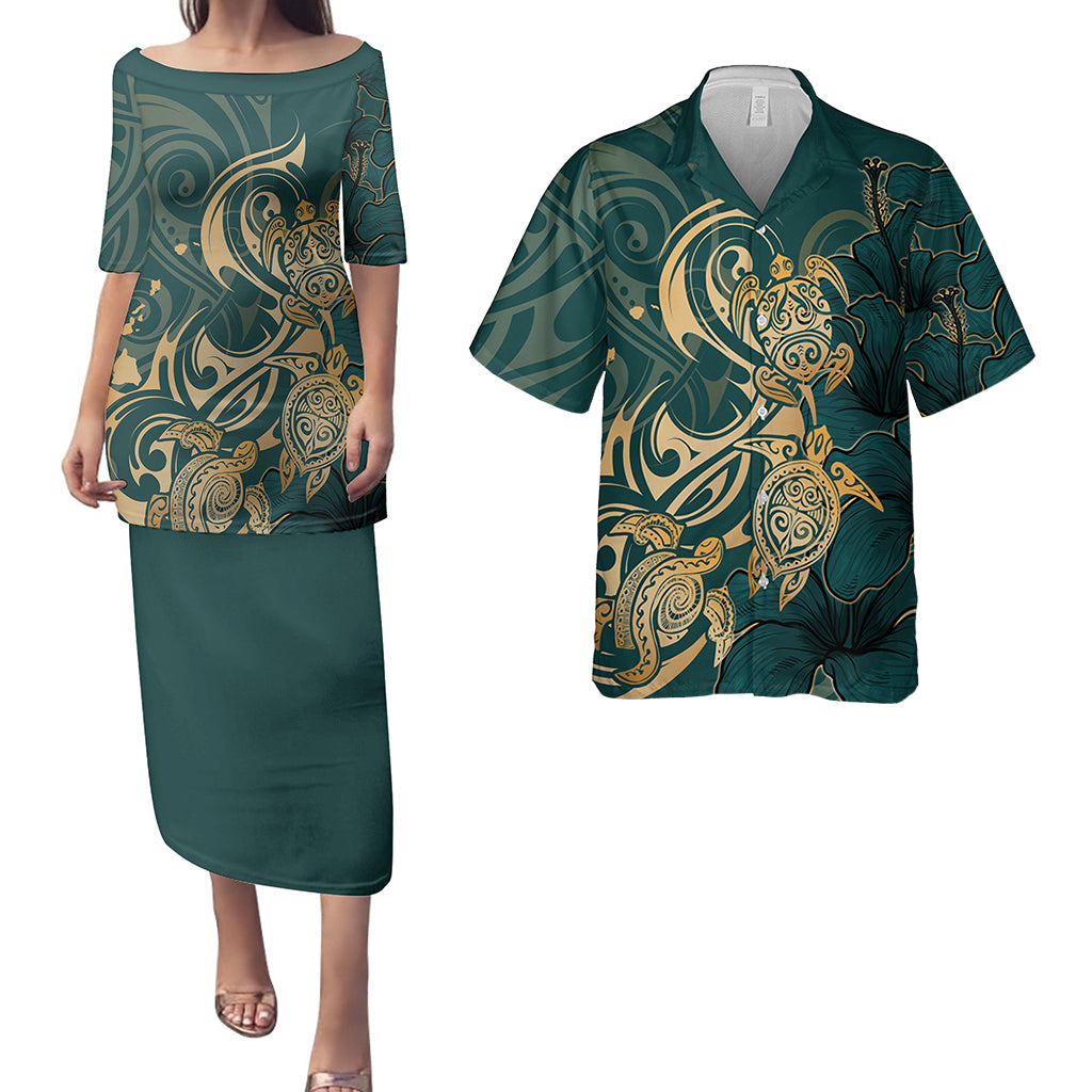 Hawaii Matching Outfits For Couples Polynesian Turtle Hibiscus Flower Style - TT01