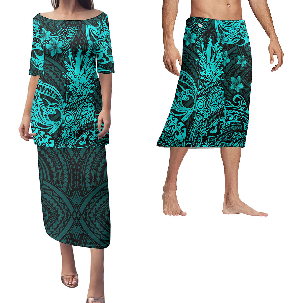 Hawaii Matching Outfits For Couples Polynesian Pineapple Turquoise Style - TT01