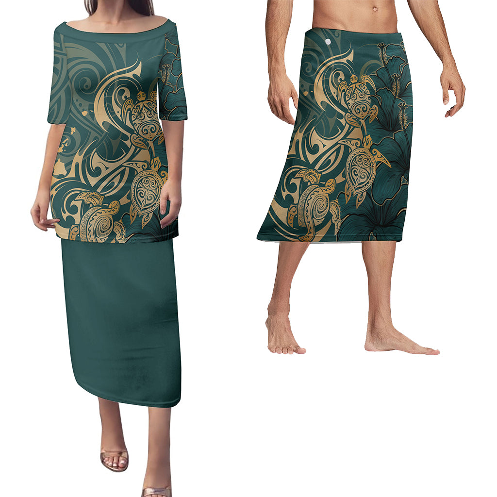 Hawaii Matching Outfits For Couples Polynesian Turtle Hibiscus Flower Style - TT01