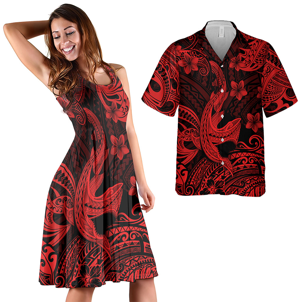 Hawaii Matching Outfits For Couples Polynesian Shark Red & Black Style - TT01