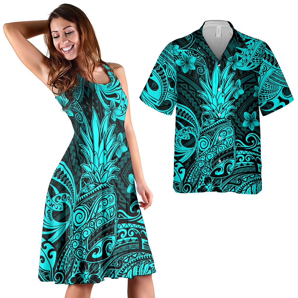 Hawaii Matching Outfits For Couples Polynesian Pineapple Turquoise Style - TT01