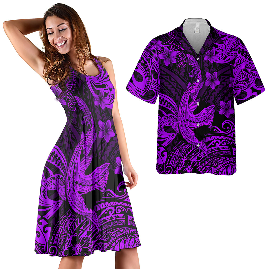 Hawaii Matching Outfits For Couples Polynesian Shark Purple & Black Style - TT01