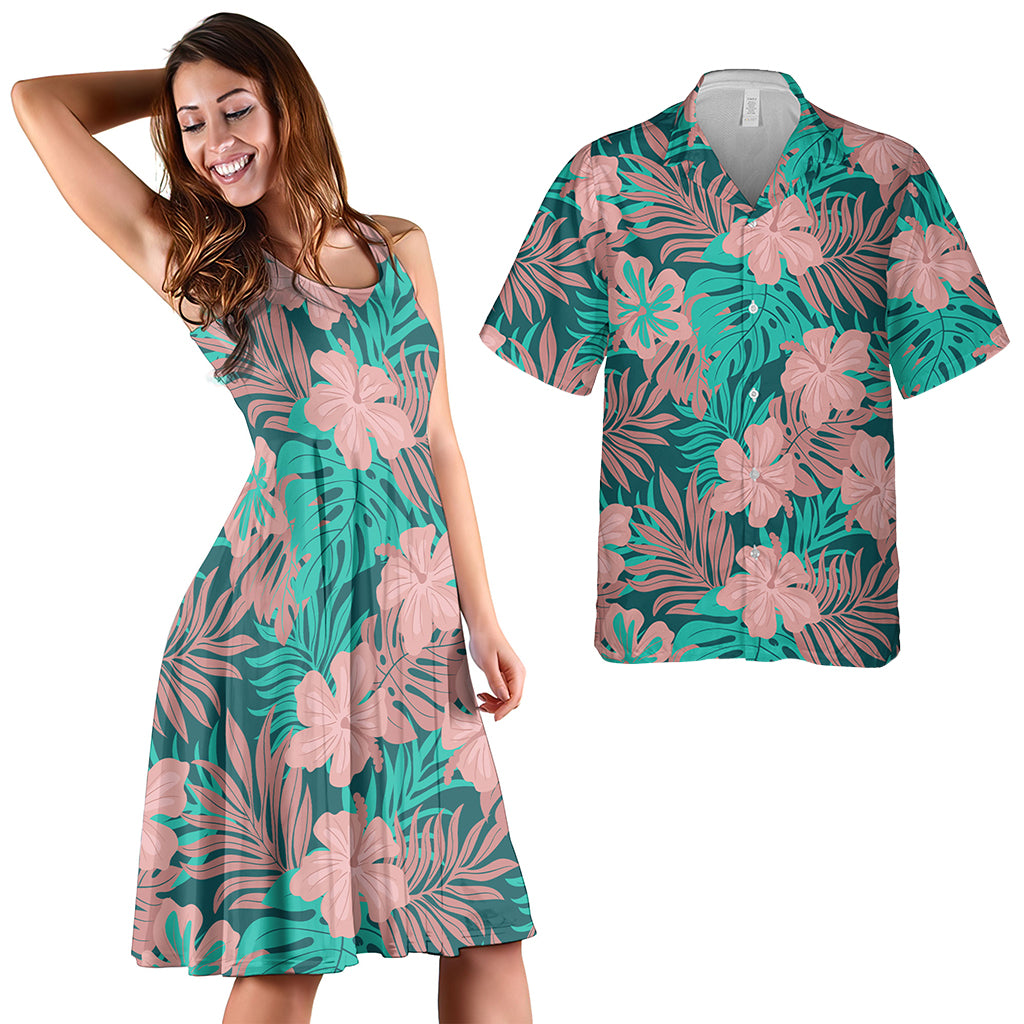 Hawaii Matching Outfits For Couples Polynesian Hibiscus Flower & Monstera Style - TT01