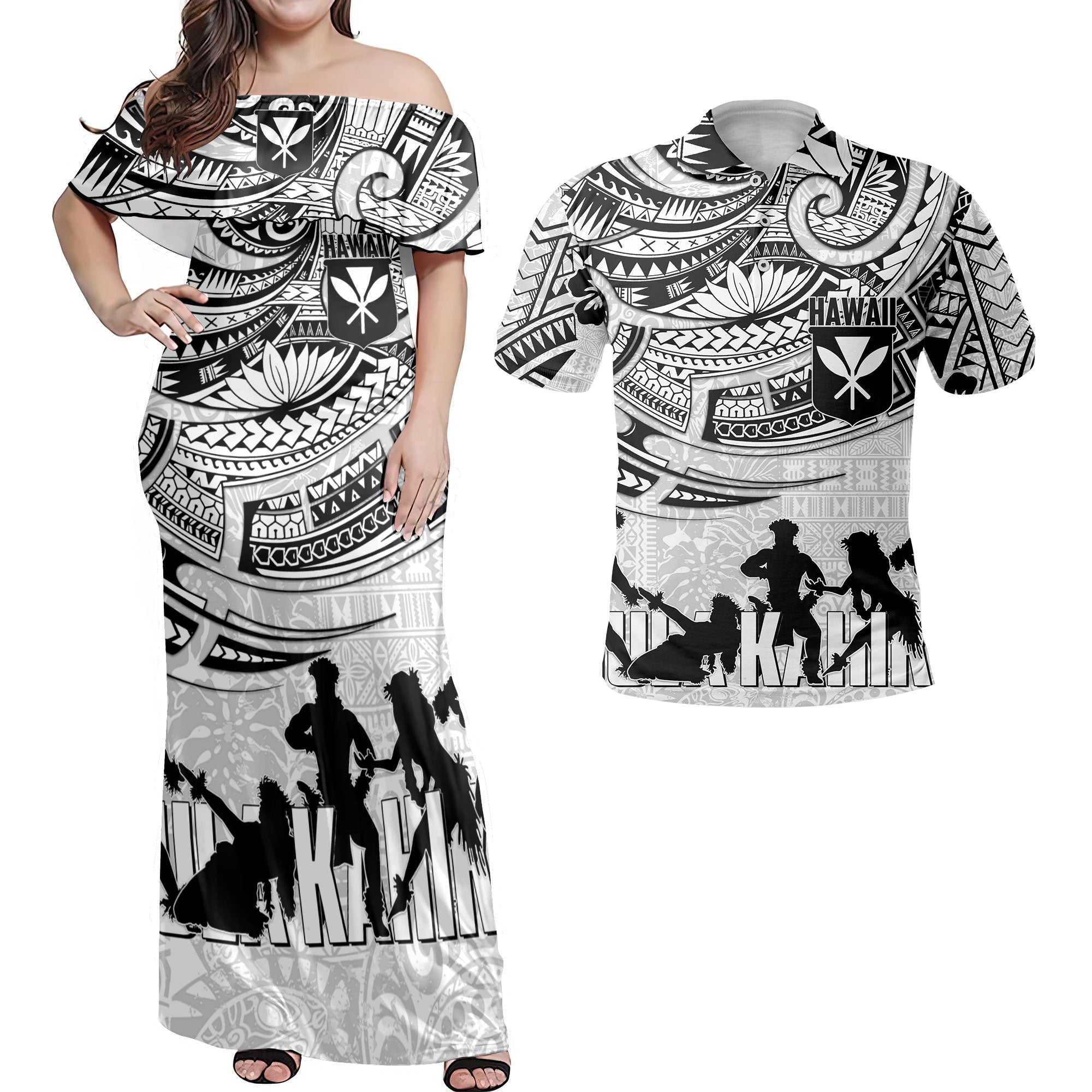 Hawaiian Hula Kahiko Hawaiian Dress & Polo Matching Couple