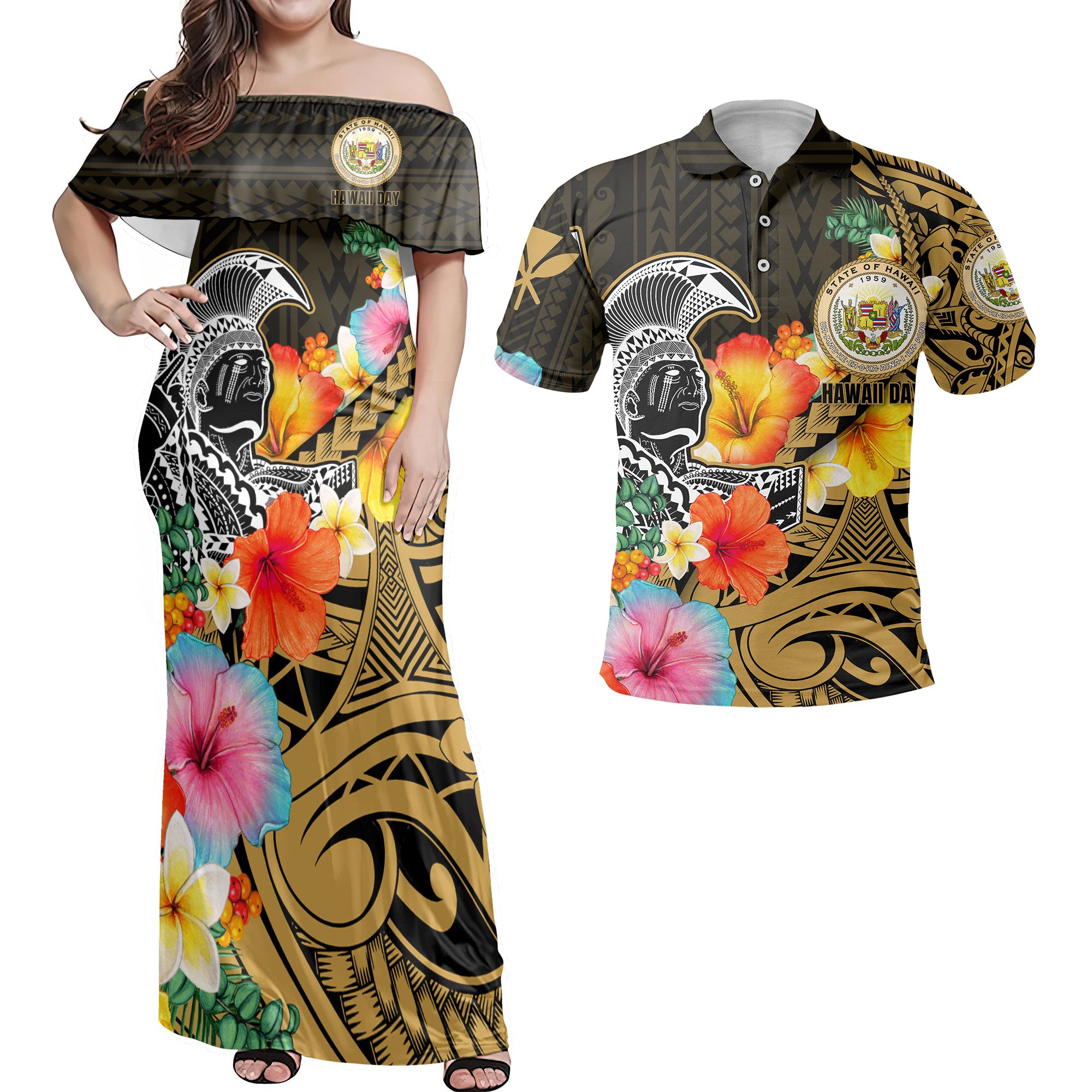 Hawaii Day King Kamehameha Hawaiian Dress & Polo Matching Couple