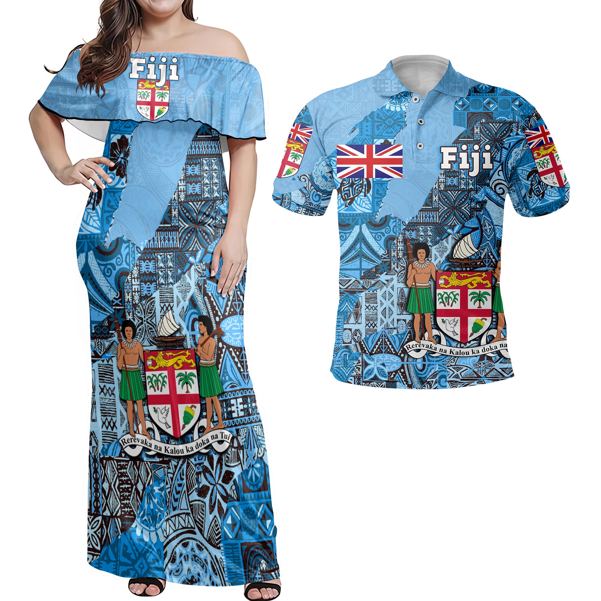 Fiji Flag & Coat Of Arms Hawaiian Dress & Polo Matching Couple