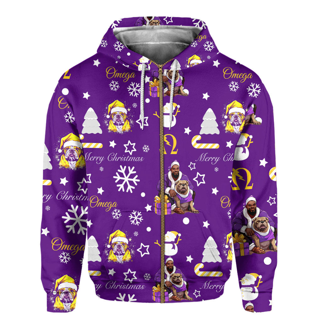 Fraternity Hoodie - OPP Christmas Zip Hoodie Bulldog Purple Pattern Style