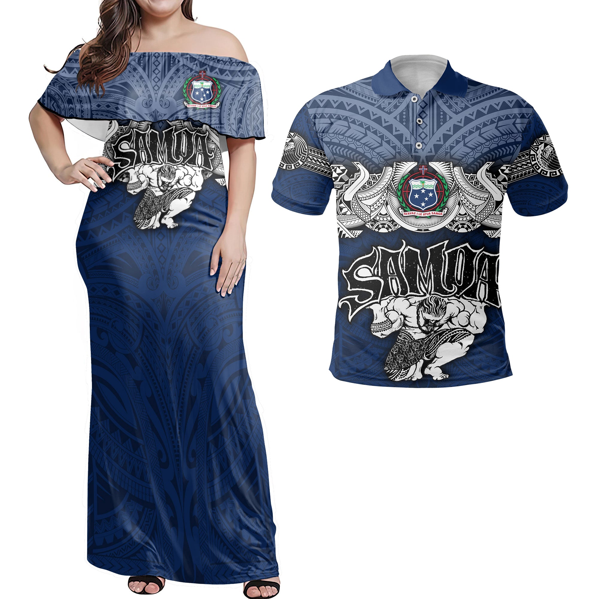 Custom Samoa Warrior Hawaiian Dress & Polo Matching Couple