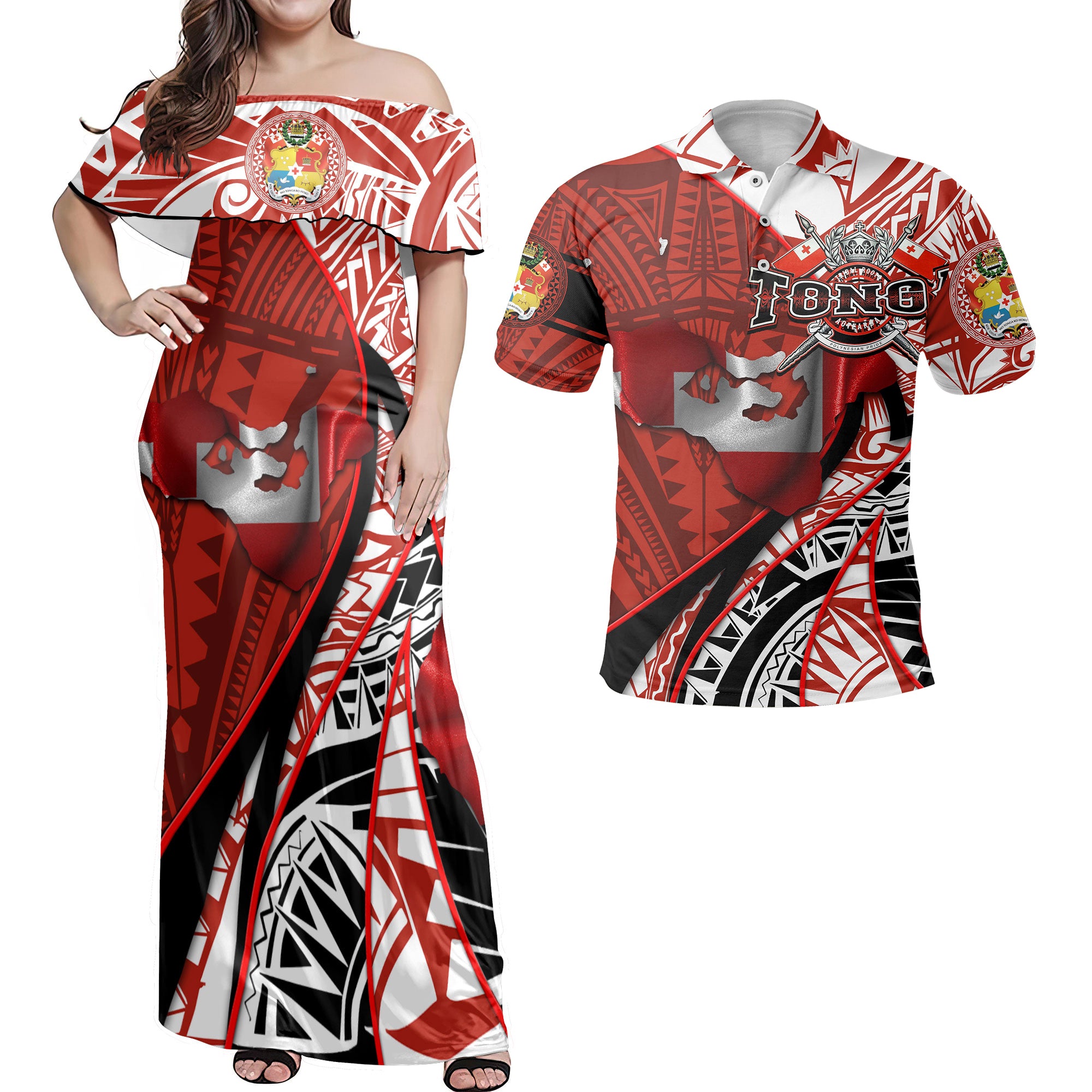 Tonga In My Heart Royal Coat Of Arms Hawaiian Dress & Polo Matching Couple