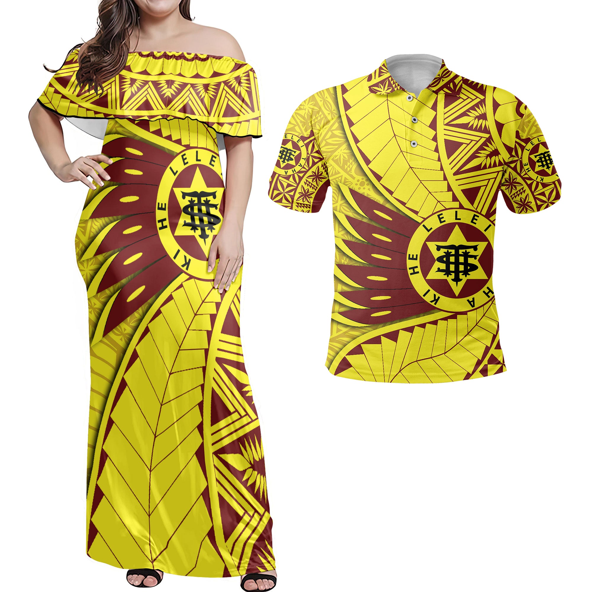 Custom Tonga High School Hawaiian Dress & Polo Matching Couple Tonga Golden Style