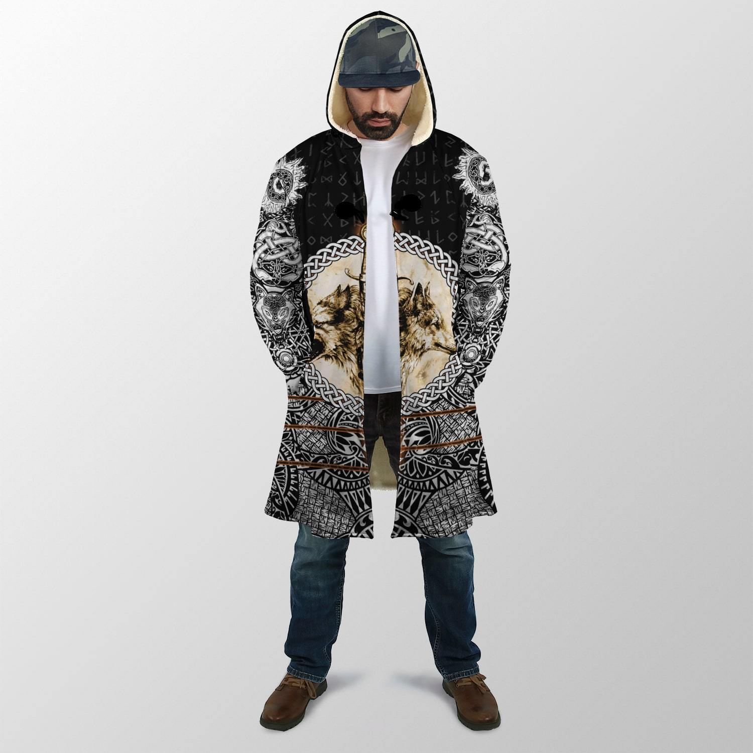 Viking Hooded Coat Wolf and Vikings Tattoo 3D