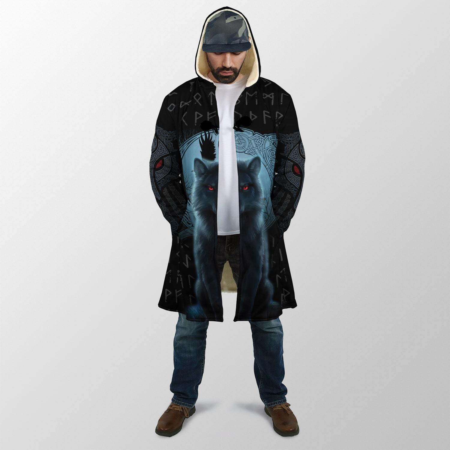 Viking Hooded Coat Fenrir Viking Wolf And Moon 3D