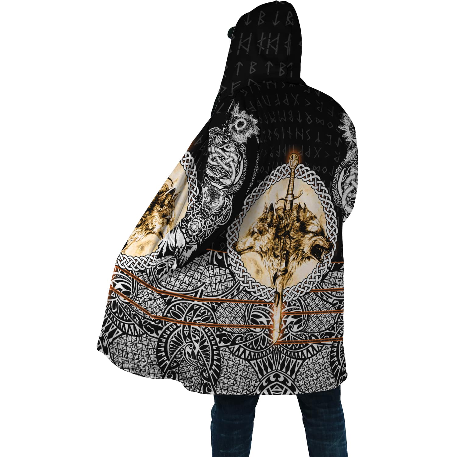 Viking Hooded Coat Wolf and Vikings Tattoo 3D