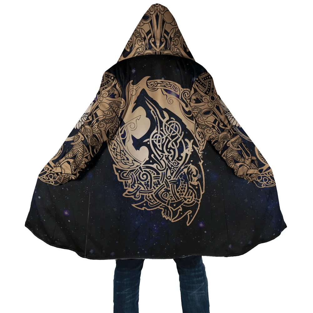 Viking Hooded Coat Space Eagle and Wolf 3D All Over Print Cider Brown Detail Black Shade