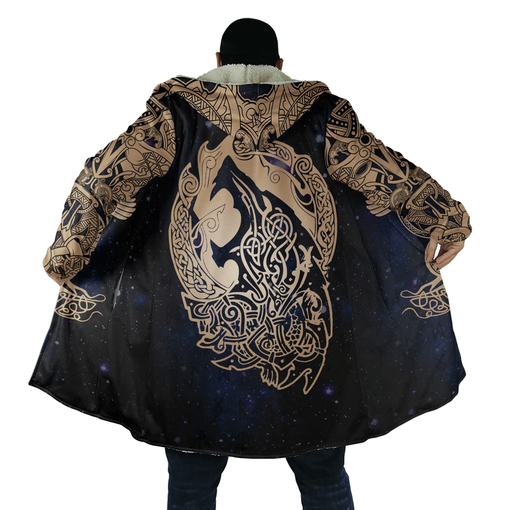 Viking Hooded Coat Space Eagle and Wolf 3D All Over Print Cider Brown Detail Black Shade