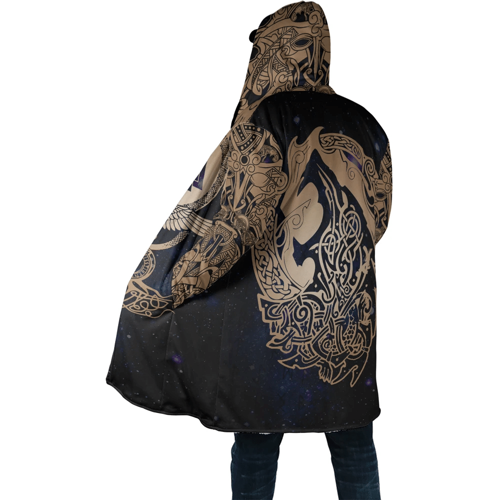 Viking Hooded Coat Space Eagle and Wolf 3D All Over Print Cider Brown Detail Black Shade