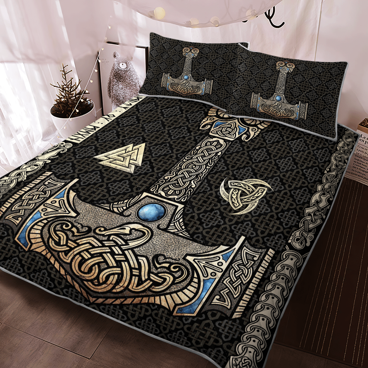 Viking Quilt Bedding Set MJLNIR IS THE HAMMER OF THE THUNDER GOD THOR IN NORSE MYTHOLOGY