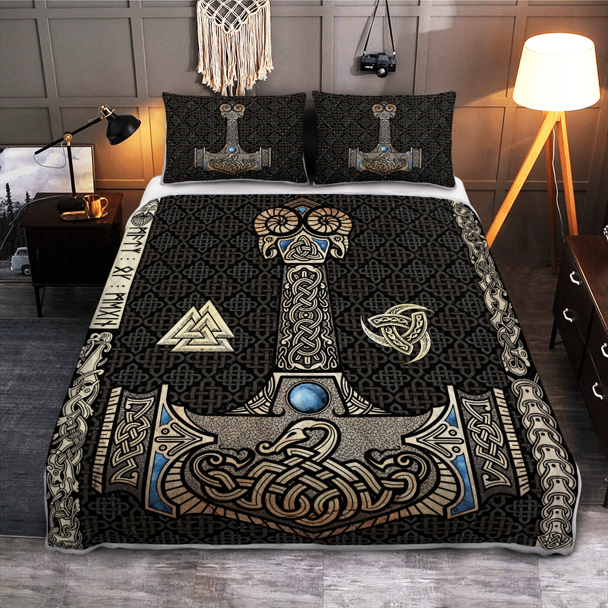 Viking Quilt Bedding Set MJLNIR IS THE HAMMER OF THE THUNDER GOD THOR IN NORSE MYTHOLOGY