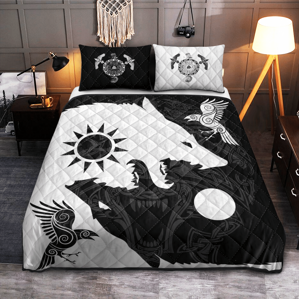 Viking Quilt Bedding Set YIN YANG WOLF AND RAVEN