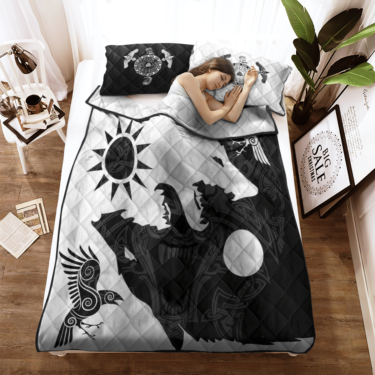 Viking Quilt Bedding Set YIN YANG WOLF AND RAVEN