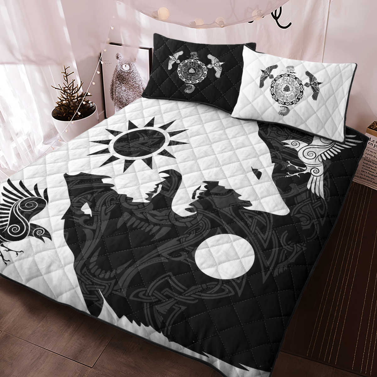 Viking Quilt Bedding Set YIN YANG WOLF AND RAVEN