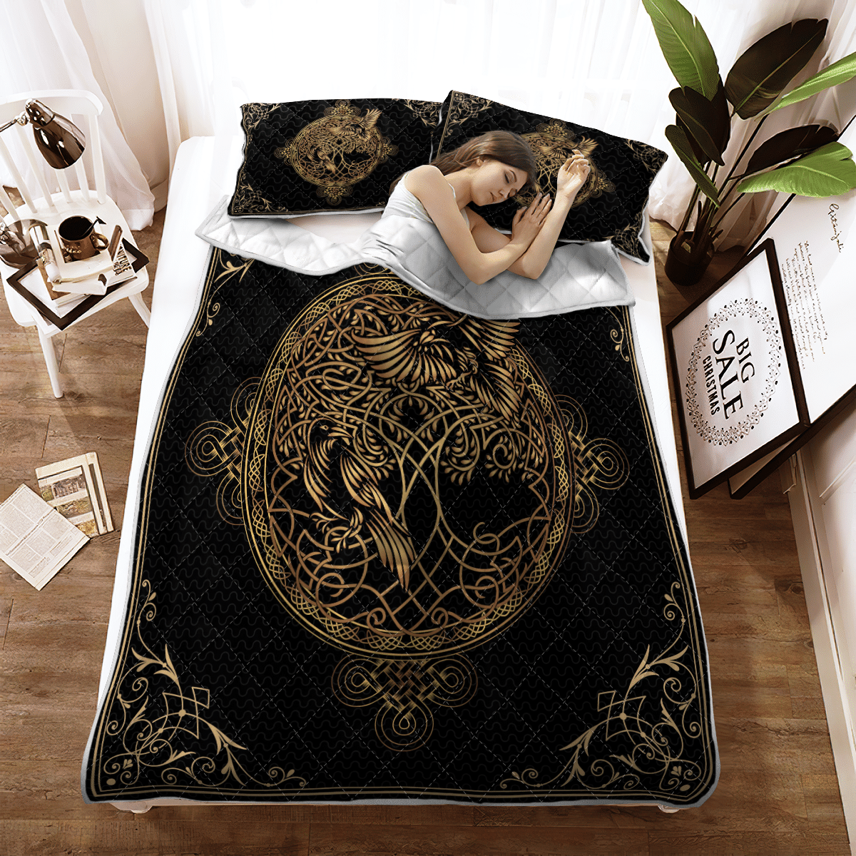 Viking Quilt Bedding Set HUGIN AND MUNIN ODIN'S RAVENS YGGDRASIL Ver02