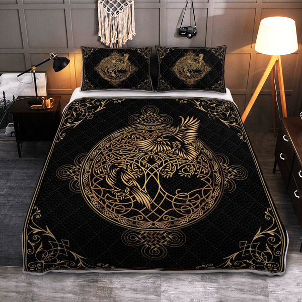 Viking Quilt Bedding Set HUGIN AND MUNIN ODIN'S RAVENS YGGDRASIL Ver02