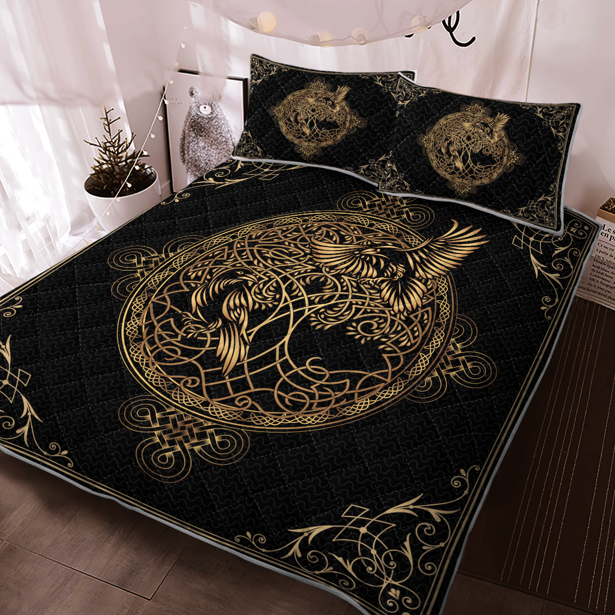 Viking Quilt Bedding Set HUGIN AND MUNIN ODIN'S RAVENS YGGDRASIL Ver02