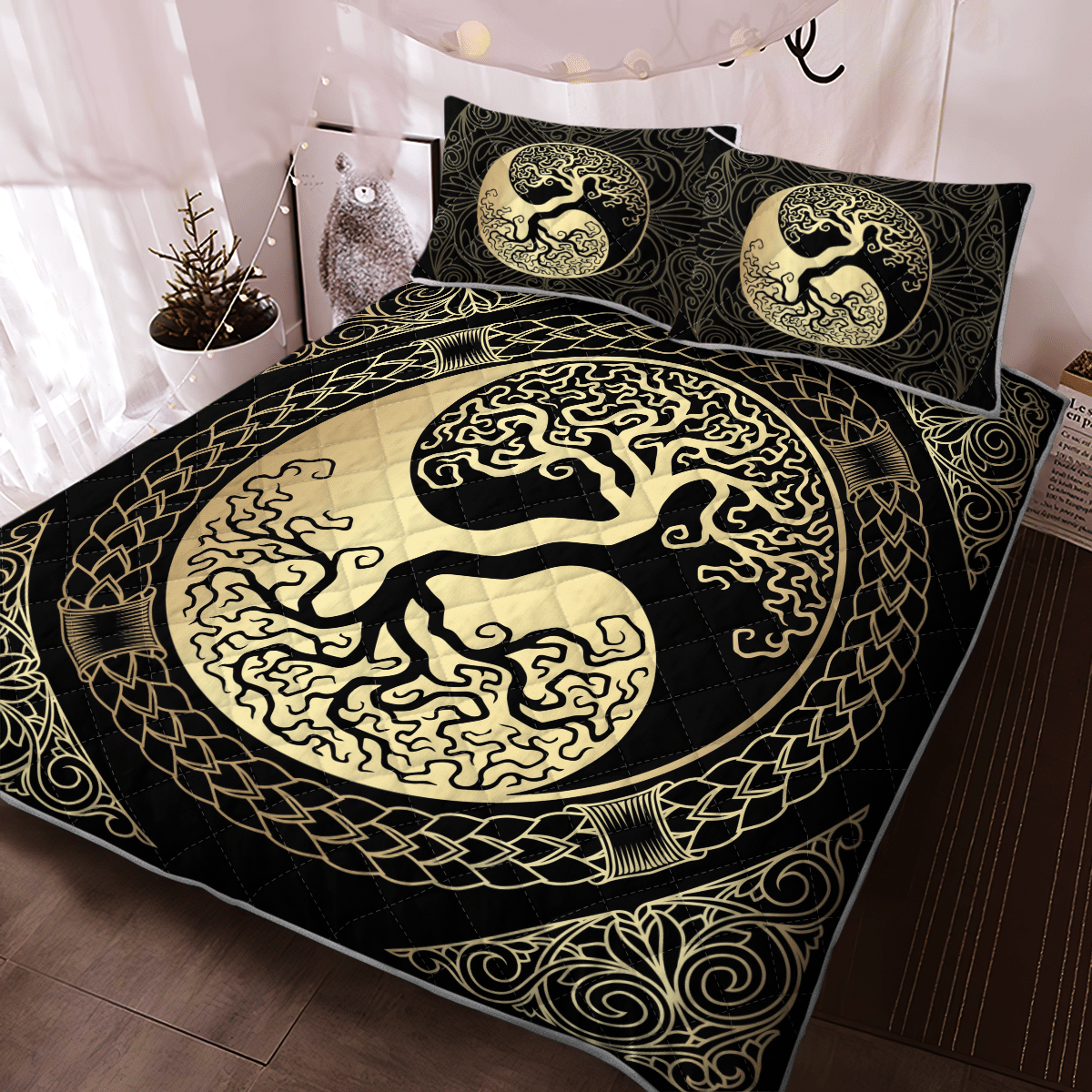 Viking Quilt Bedding Set YIN YANG YGGDRASIL TREE OF LIFE